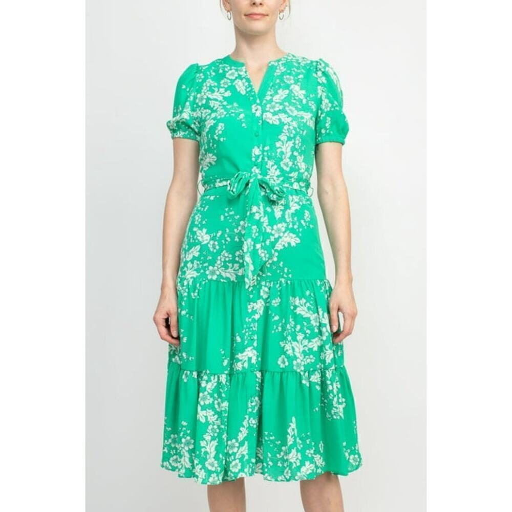 NWT Nanette Lepore V-Neck Short Sleeve Tie Waist Floral A-Line Crepe Dress 10
